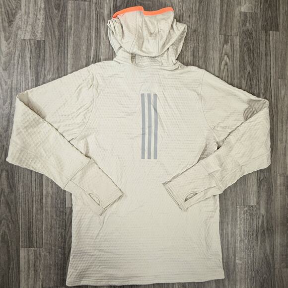 Adidas Hooded Pullover S Beige 1/2 Zip Thumb Holes Reflective 3-Stripes - Picture 2 of 7